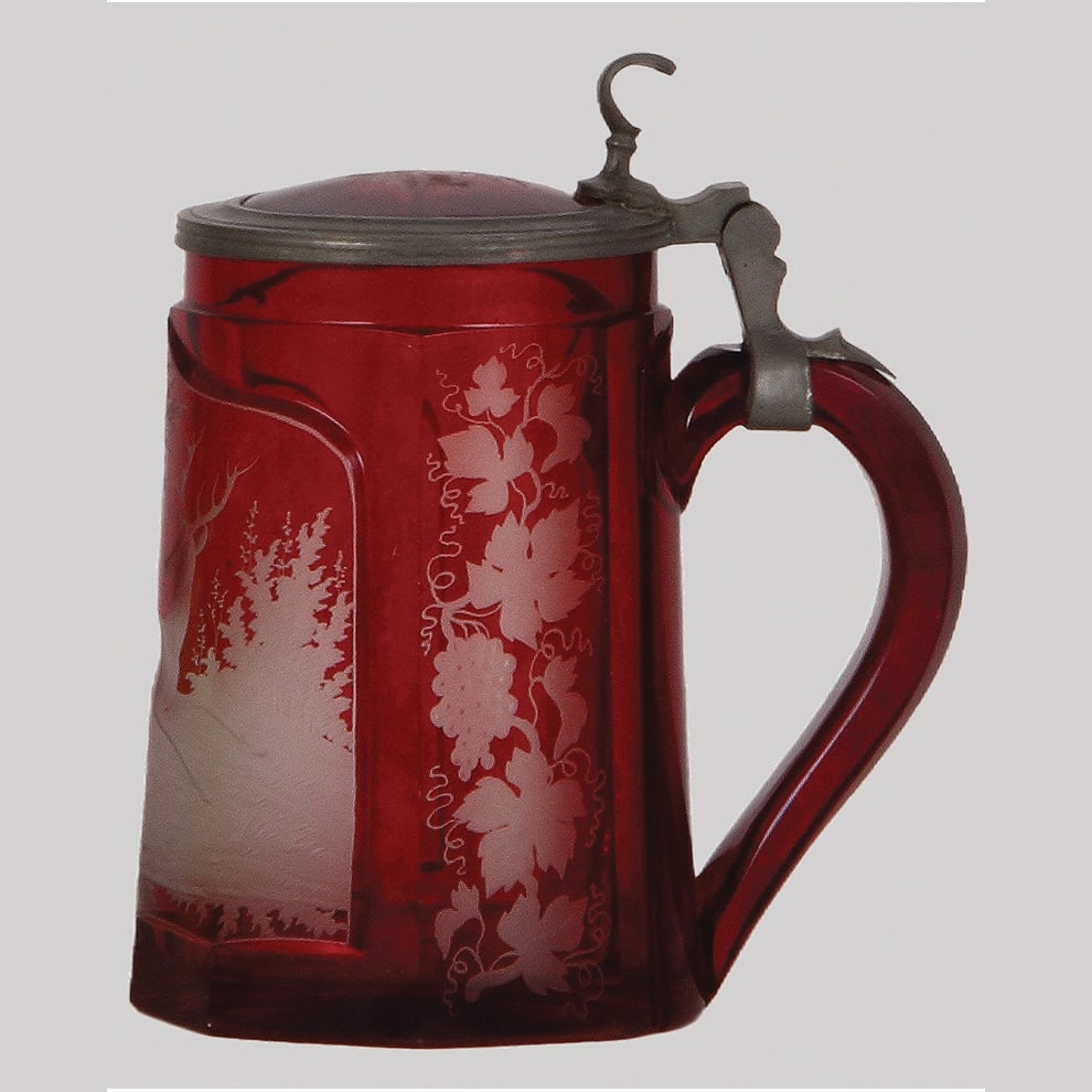 Glass stein, .5L, blown, faceted, ruby flashed. - 2