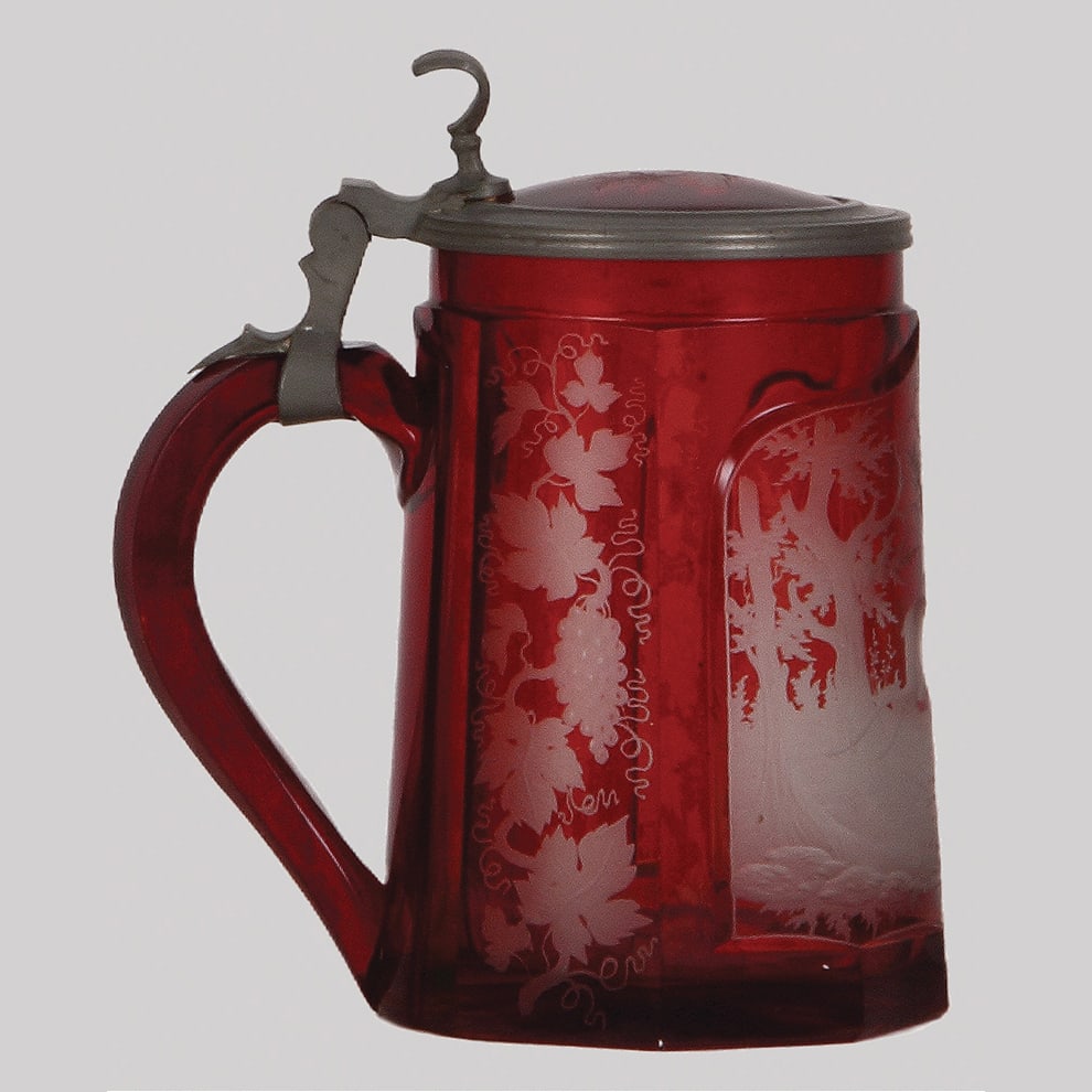 Glass stein, .5L, blown, faceted, ruby flashed. - 3