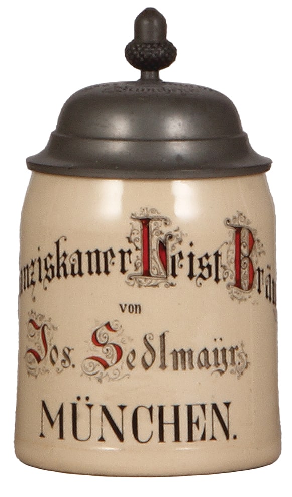 Brewery stein, pottery, .5L, Franziskaner Leist Bräu.: Brewery stein, pottery, .5L, transfer & hand-painted, Franziskaner Leist Bräu von Jos. Sedlmäyr München, incised pewter lid, mint.