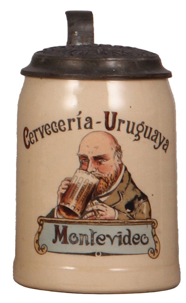Brewery stein, pottery, .5L, Cerveceria - Uruguaya - Montevideo.: Brewery stein, pottery, .5L, transfer & hand-painted, marked Merkelbach & Wick, Cerveceria - Uruguaya - Montevideo, relief pewter lid, mint.