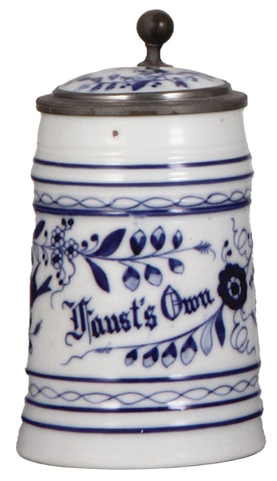 Brewery stein, porcelain, .5L, Faust's Own.: Brewery stein, porcelain, .5L, hand-painted, Faust's Own, porcelain inlaid lid, photo image of Tony Faust on underside, lithophane, mint.