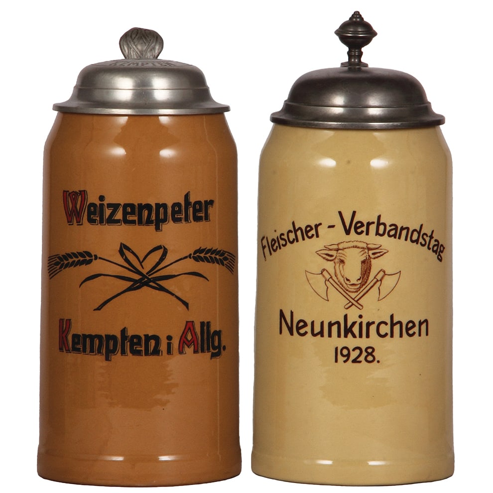 Mettlach steins, two, 1.0L, Weizenpeter Kempten; 1.0L, Fleischer.: Mettlach steins, two, 1.0L, 1526, PUG, brewery, Weizenpeter Kempten i. Allg., matching pewter lid, mint; with, 1.0L, 1526, PUG, Fleischer - Verbandstag, Neunkirchen 1928, pewter lid has strap repair,
