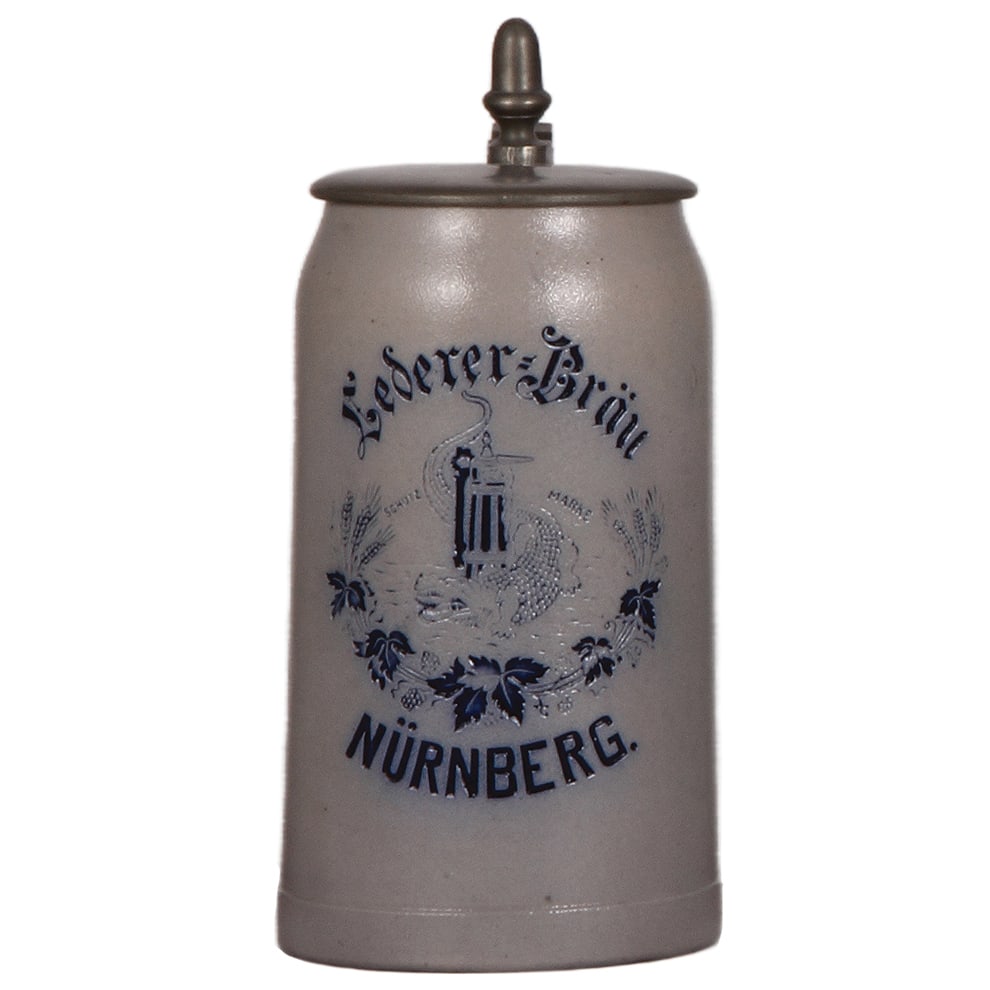 Brewery stein, stoneware, 1.0L Lederer-Bräu Nürnberg.: Brewery stein, stoneware, 1.0L, incised, Lederer-Bräu Nürnberg, pewter lid, mint.