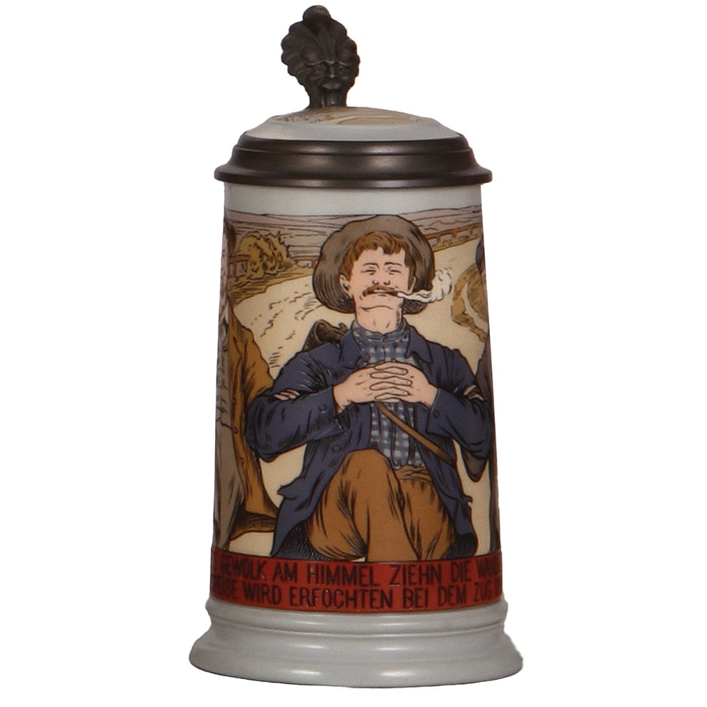 Mettlach stein, .5L, 2888, etched.: Mettlach stein, .5L, 2888, etched, by M. C., three men walking arm in arm, inlaid lid, mint.