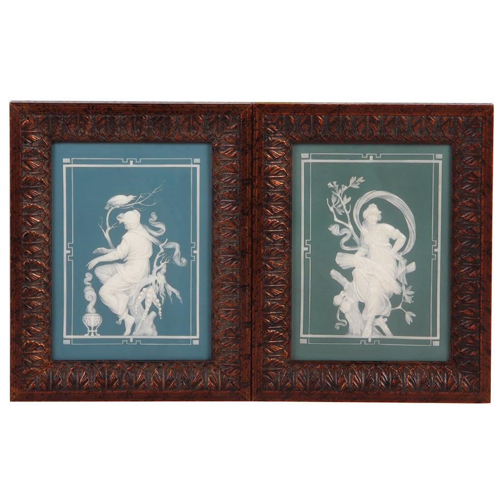 Mettlach plaques, pair, 7078 & 7077, phanolith. (1 of 3)