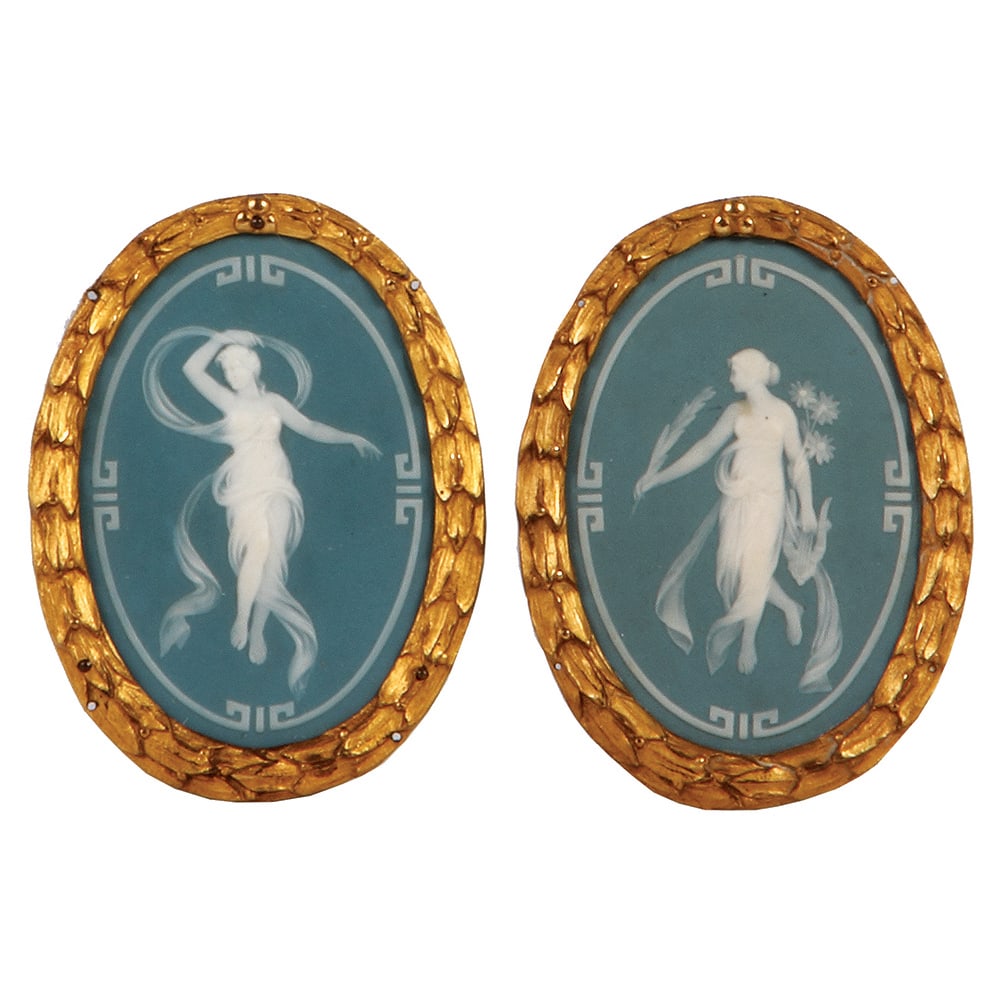 Mettlach plaques, pair, 4.3" x 3.1" frame, 7069 & 7070, phanolith. (1 of 1)