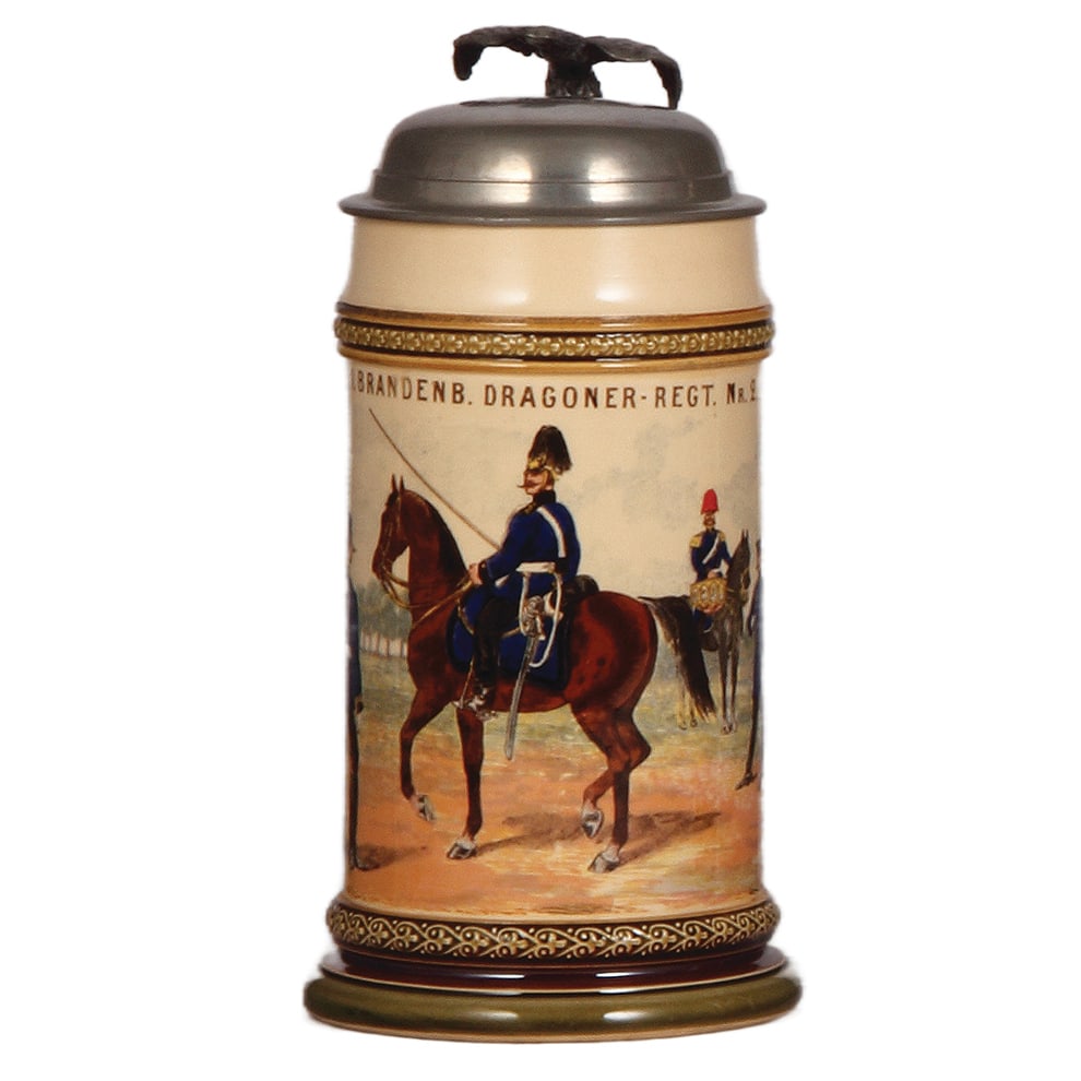 Mettlach stein, .5L, 777[2140], Dragoner - Regt. Nr. 2.: Mettlach stein, .5L, 777[2140], PUG, Dragoner - Regt. Nr. 2, pewter lid, mint.