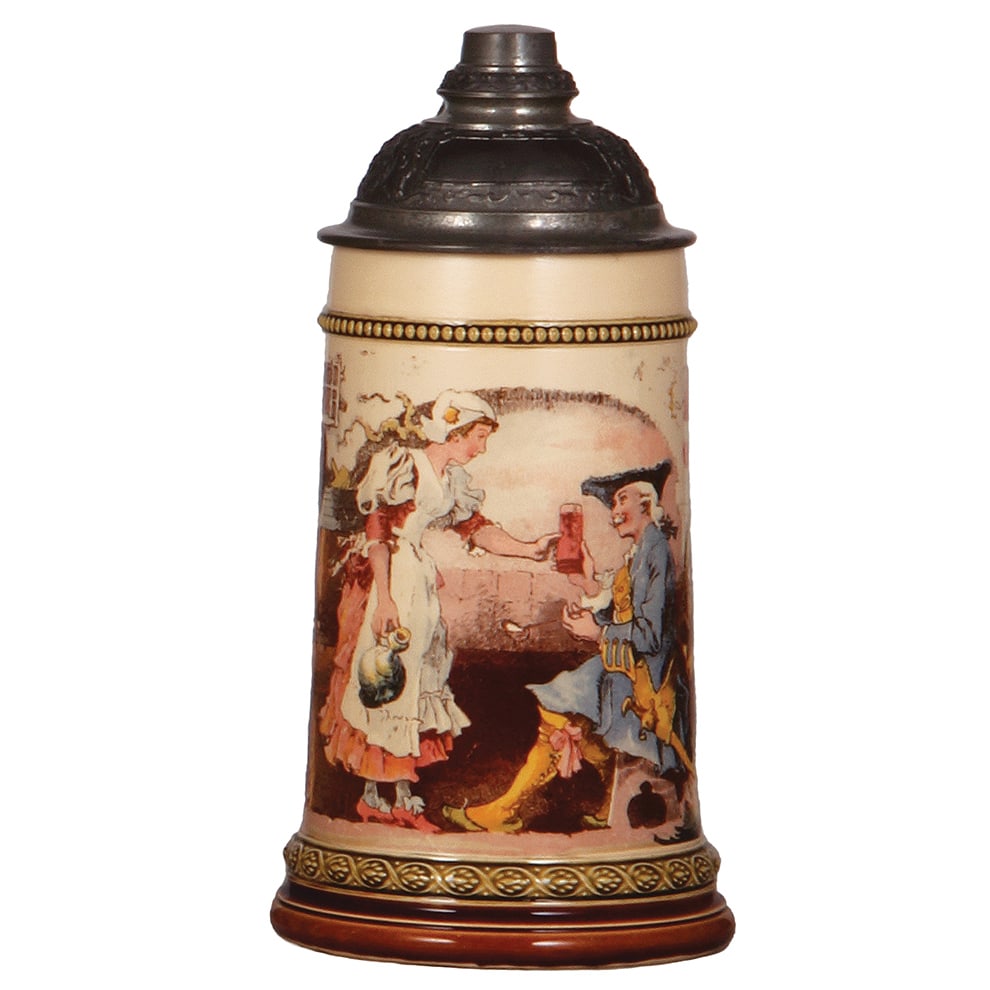 Mettlach stein, .5L, 955[2271], PUG.: Mettlach stein, .5L, 955[2271], PUG, by H. Schlitt, three drinking scenes, pewter lid, mint.