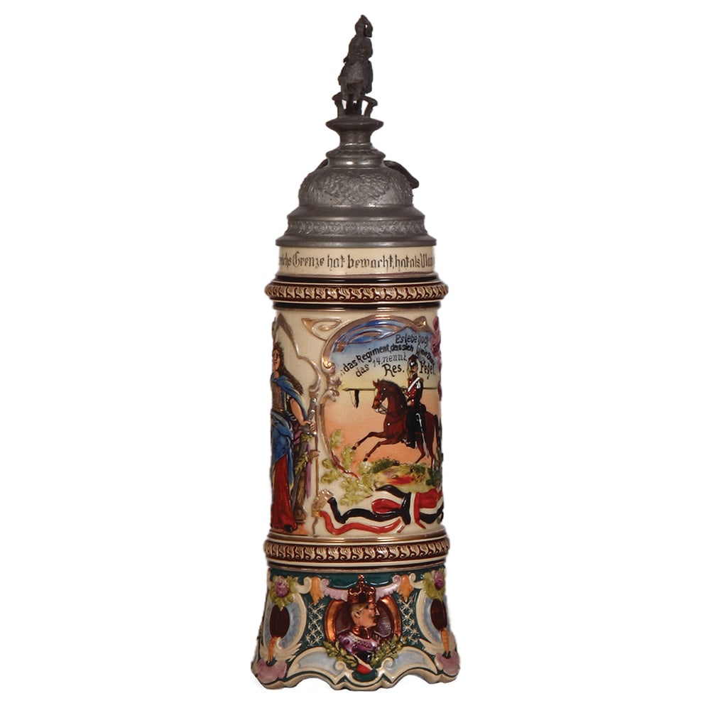 Regimental stein, .5L, Ulanen Regt. No. 14, St. Avold.: Regimental stein, .5L, 13.3" ht., pottery, 5. Esc. Ulanen Regt. No. 14, St. Avold, 1904 - 1907, one side scene, roster, eagle thumblift, named to: Res. Fegel, 1" hairline on base edge.