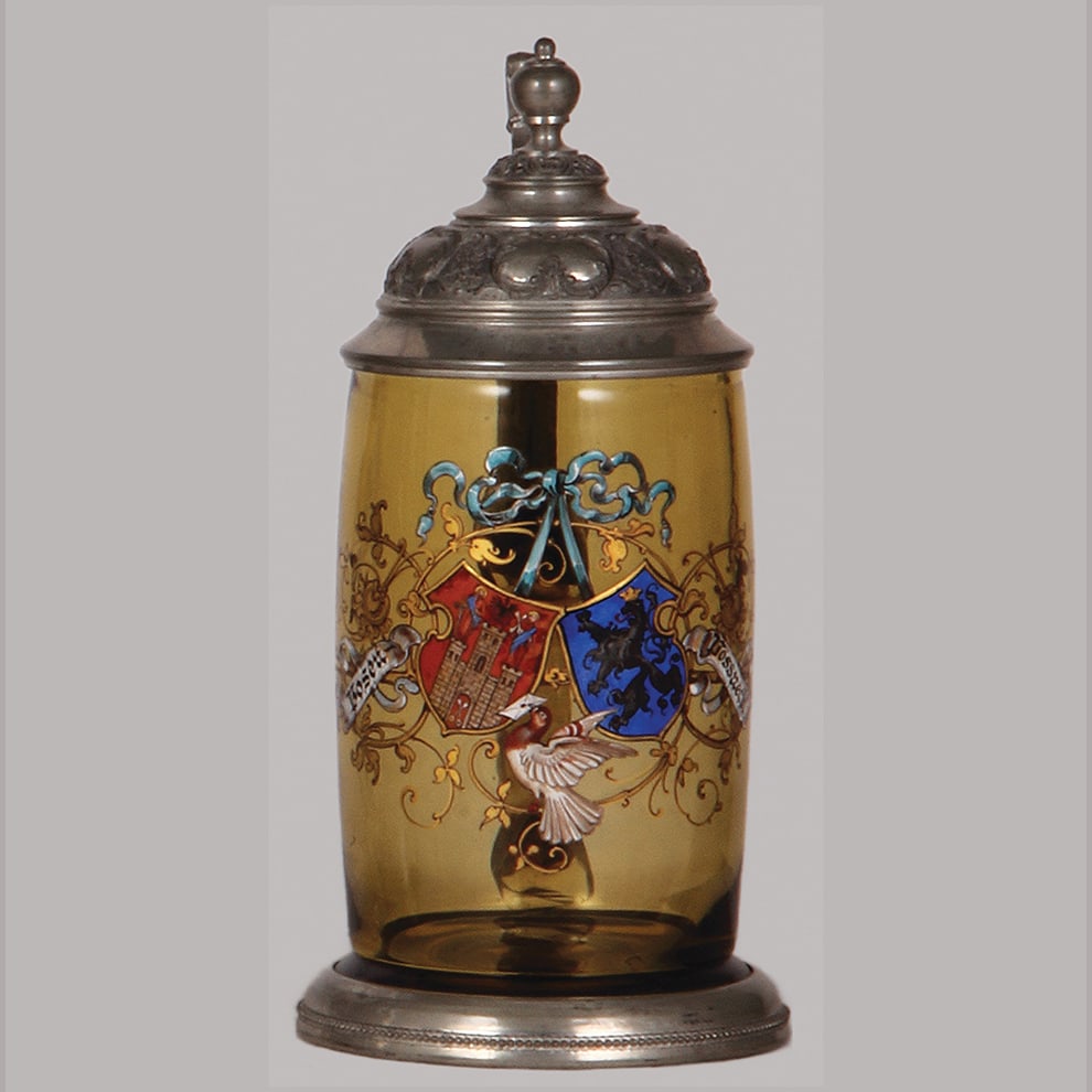 Glass stein, .5L, blown, amber, hand-painted, coat-of-arms.: Glass stein, .5L, blown, amber, hand-painted, coat-of-arms, Posen & Pössneck, inscription under handle: Preisflug z. 25. jahr Jubiläum Posen - Pössneck 1896, pewter lid & base ring, III