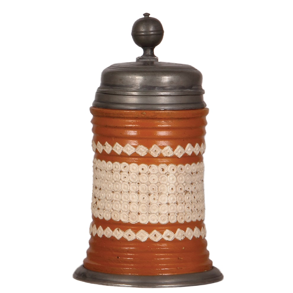 Altenburger Walzenkrug, mid 1700s.: Altenburger Walzenkrug, 10.2" ht., mid 1700s, stoneware, rust/orange with applied white beaded design, vertical handle strap, very good repair of handle, minor tear at the rear of the lid.