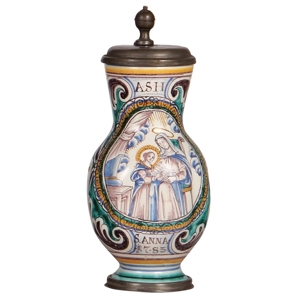Faience stein, Österreichischer Birnkrug.: Faience stein 9.5" ht., Österreichischer Birnkrug, S. Anna, 1783 near base, ASH near upper rim, IEG on underside, pewter lid has a tear repired, a few small flakes on upper rim.