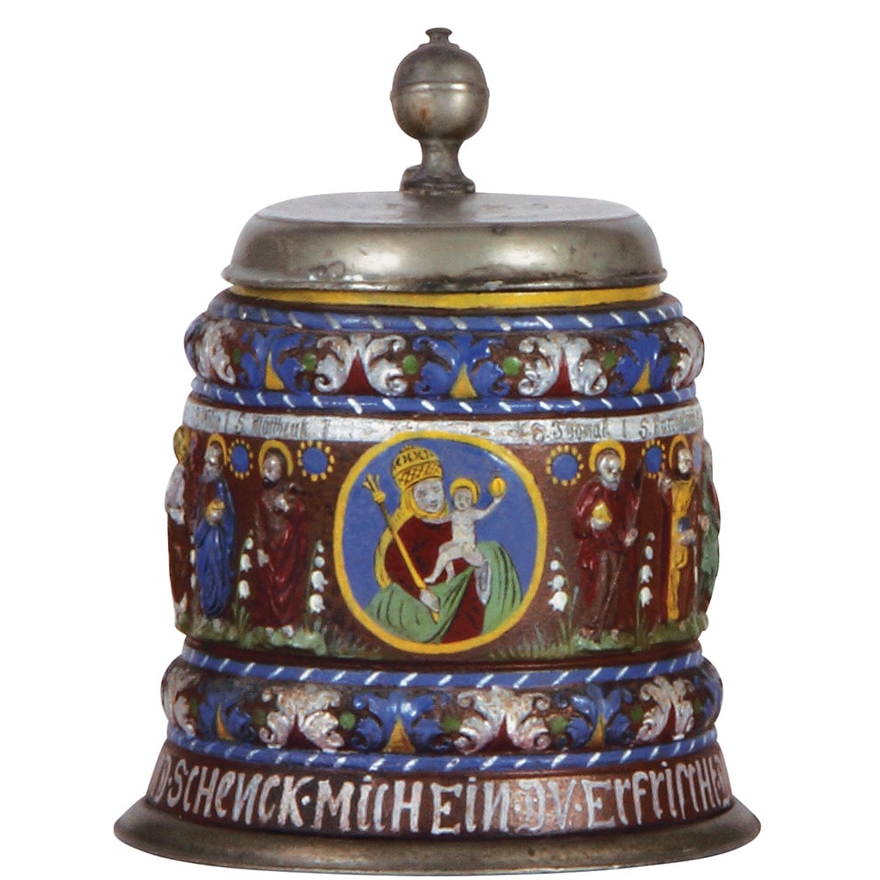 Creussener Walzenkrug, dated 1694.: Creussener Walzenkrug, 7.2" ht., relief, hand-painted, Apostles, dated 1694 on body, pewter lid has touch marks, colors and decoration details in good condition.