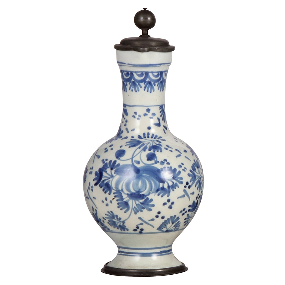 Faience stein, Hanauer Enghalskrug.: Faience stein, 12.0" ht., mid 1700s, Hanauer Enghalskrug, floral decoration, pewter lid and footring, touchmarks [combined quality and master mark of Geneva, Switzerland], small glaze chip on handle,
