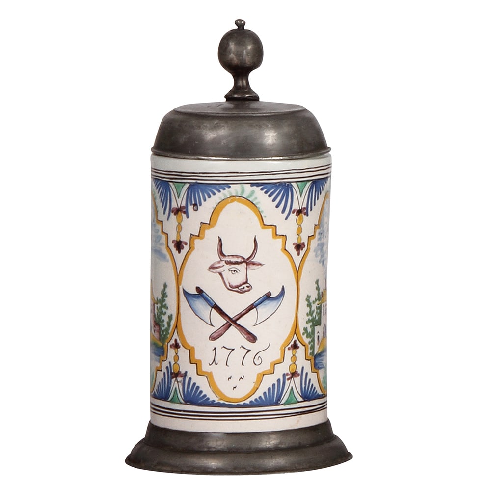 Faience stein, Norddeutscher Walzenkrug.: Faience stein, 9.8" ht., dated 1776, Norddeutscher Walzenkrug, Occupational Butcher, pewter lid & footring, excellent repair of upper rim chips & hairline on side.