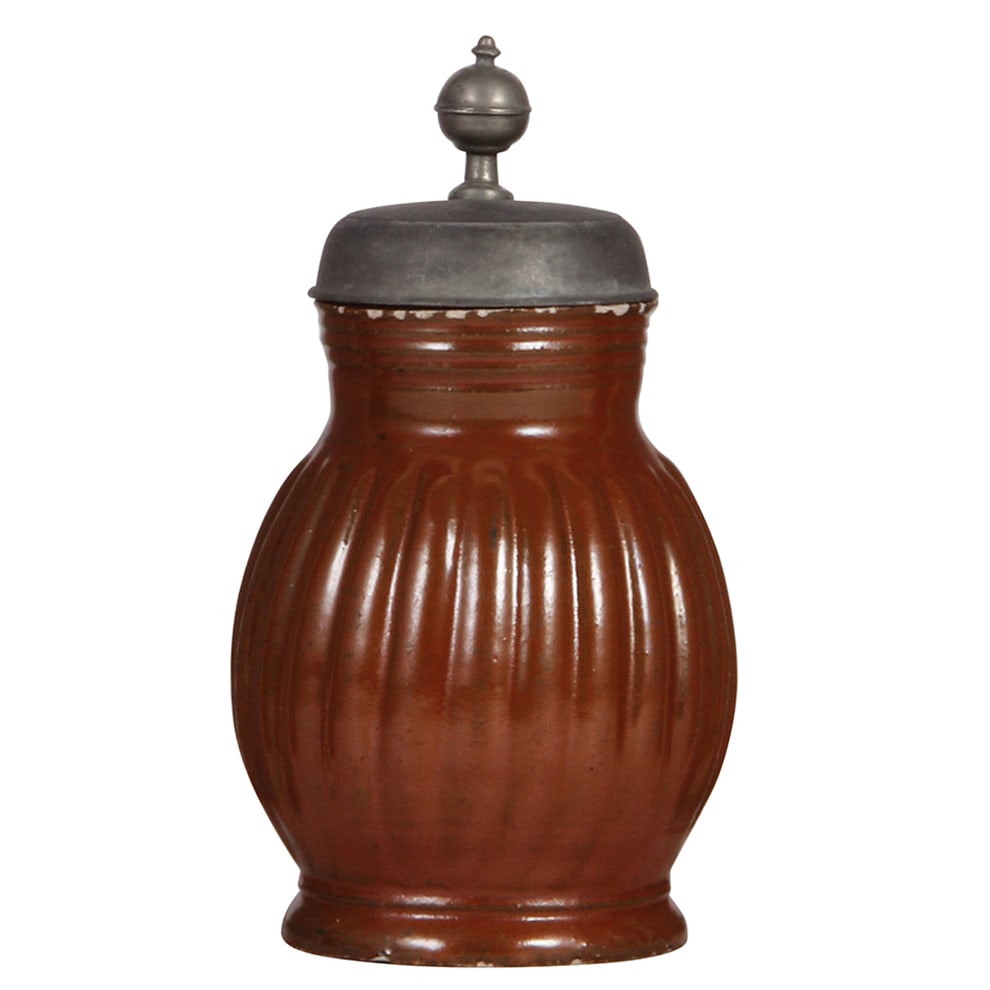 Bunzlauer Birnkrug, mid 1700s.: Bunzlauer Birnkrug, 9.2'' ht., mid 1700s, pewter lid, pewter lid is an old replacement, tight 1'' hairline, rim flakes.