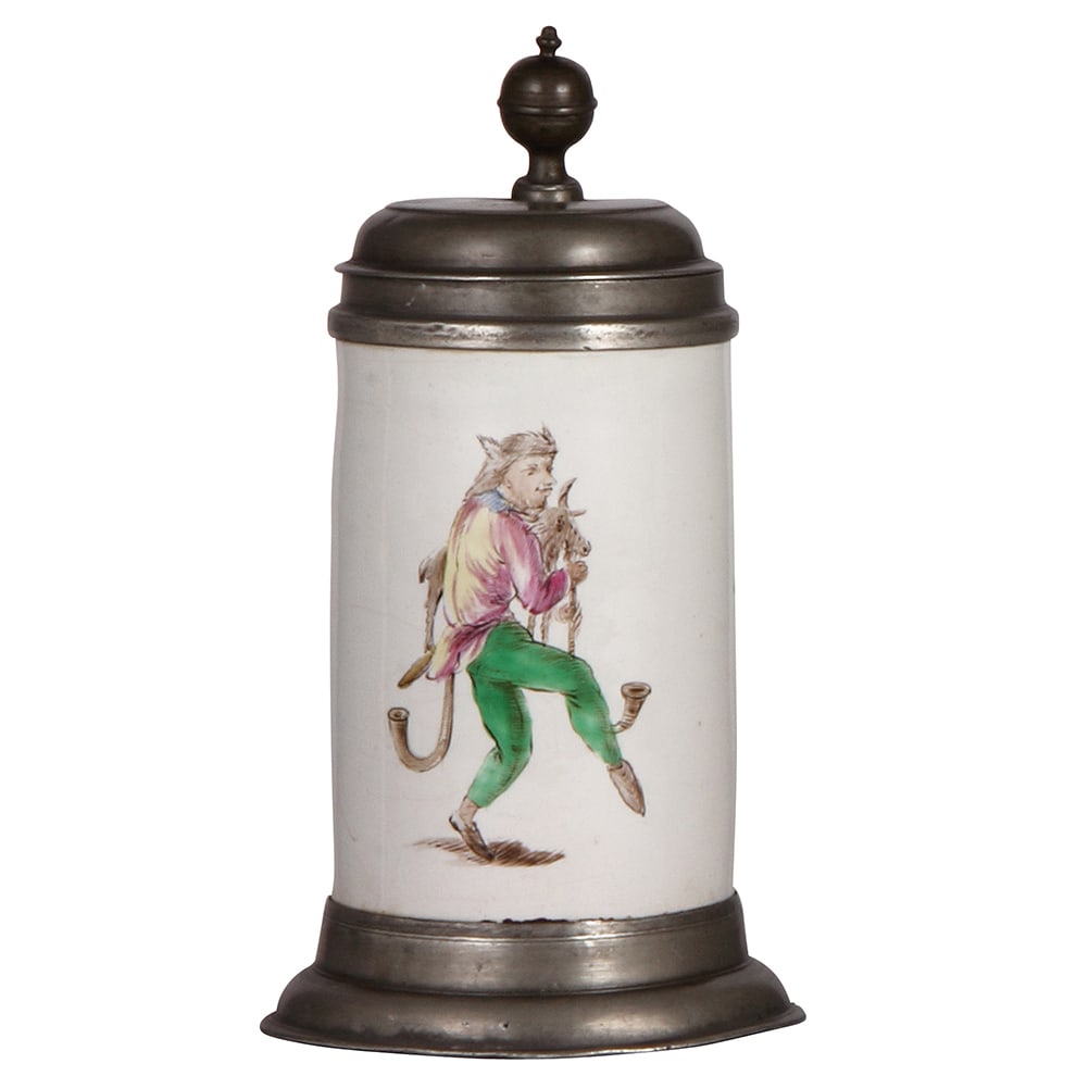 Faience stein, late 1700s, Proskauer Walzenkrug.: Faience stein, 10.0'' ht., late 1700s, Proskauer Walzenkrug, man with horn & animal under left arm, pewter lid & footring, minor pewter flaws, handle repaired.