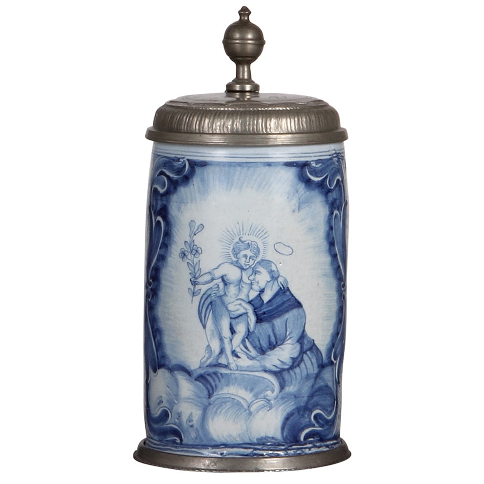 Faience stein, mid 1700s, Nürnberger Walzenkrug.: Faience stein, 9.6" ht., mid 1700s, Nürnberger Walzenkrug, pewter lid, & footring, St. Antonius & child, excellent repair of glaze flakes on the handle.