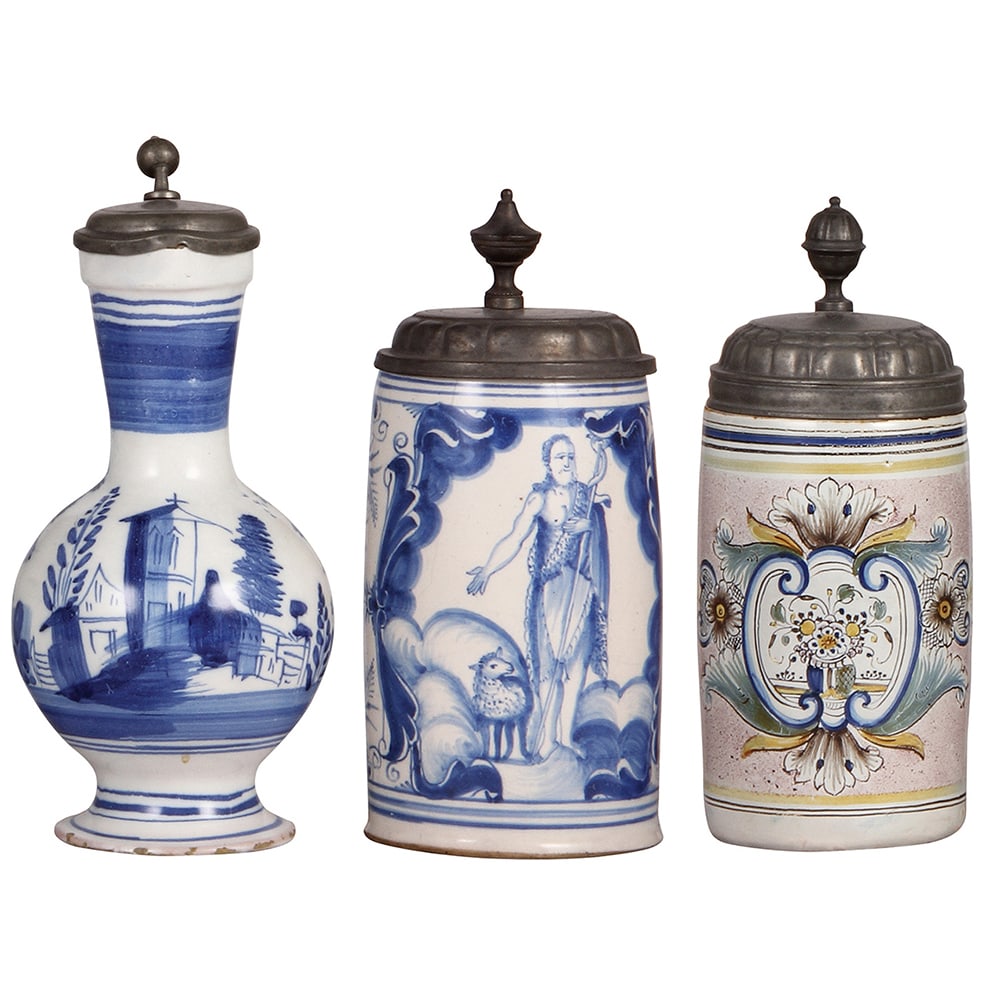 Faience steins, three, mid 1700s. (1 of 10)