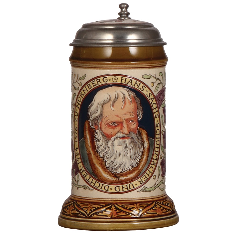 Mettlach stein, .5L, 2722, Shoemaker Occupation.: Mettlach stein, .5L, 2722, etched, by Otto Hupp, Hans Sachs, Shoemaker Occupation stein, inlaid lid, mint.