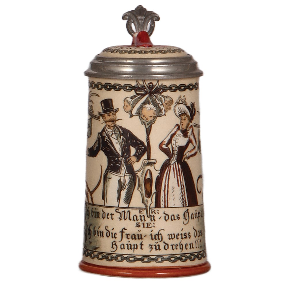 Mettlach stein, .5L, 2050, etched.: Mettlach stein, .5L, 2050, etched, marriage decoration, figural inlaid lid of slipper & hearts, The Slipper stein, mint.