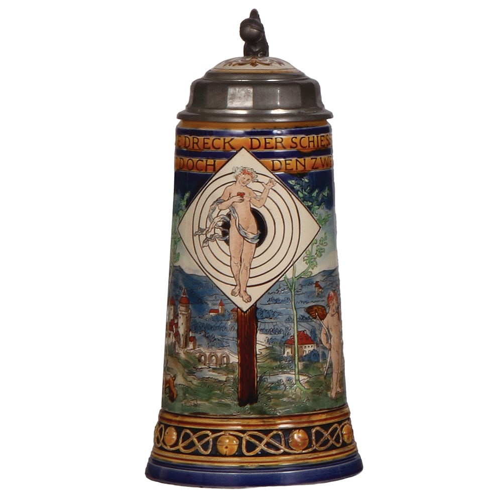 Mettlach stein, .5L, 2717, etched.: Mettlach stein, .5L, 2717, etched, Venus Target stein, elaborate village scene with cupid, inlaid lid, mint.