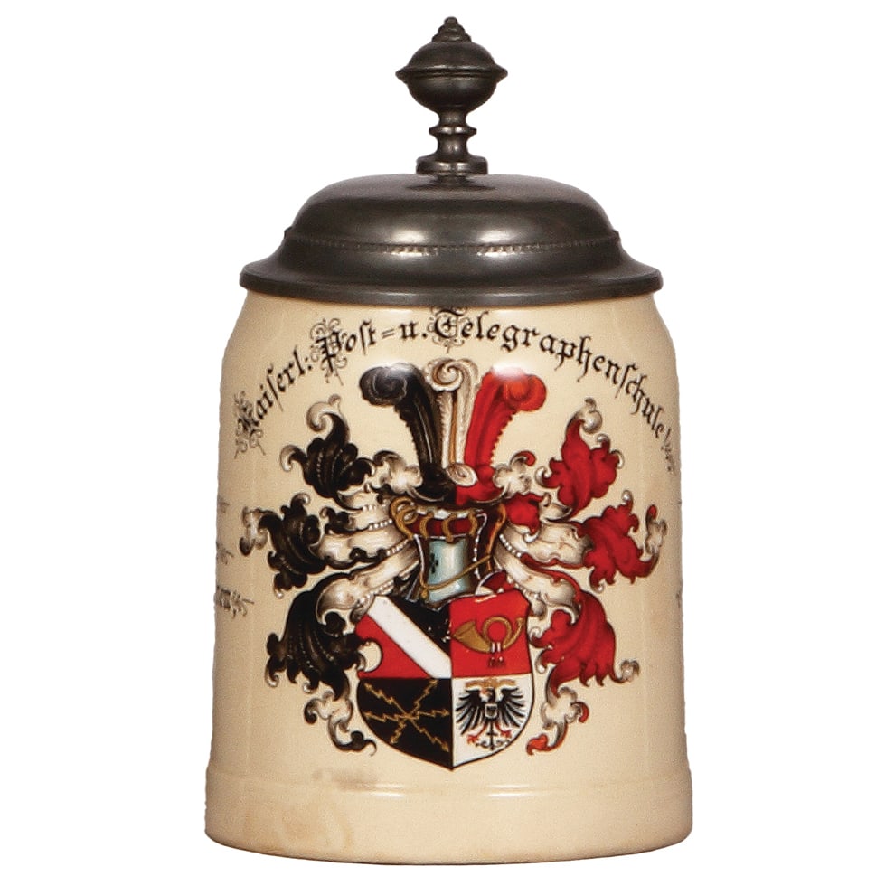 Telegraphen Schule stein, .5L, Mettlach, Berlin.: Kaiserl. Post u. Telegraphen Schule stein, .5L, Mettlach, hand-painted, Berlin 1904 - 1905, pewter lid, rare, mint.