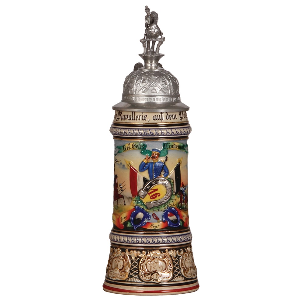 Regimental stein, .5L .Drag. Regt. No. 16, Lüneburg.: Regimental stein, .5L, 12.4" ht., pottery, 4. Esk., Drag. Regt. No. 16, Lüneburg, 1905 - 1908, two side scenes, roster, eagle thumblift, named to: Res. Gefrt. Lindemann, mint.