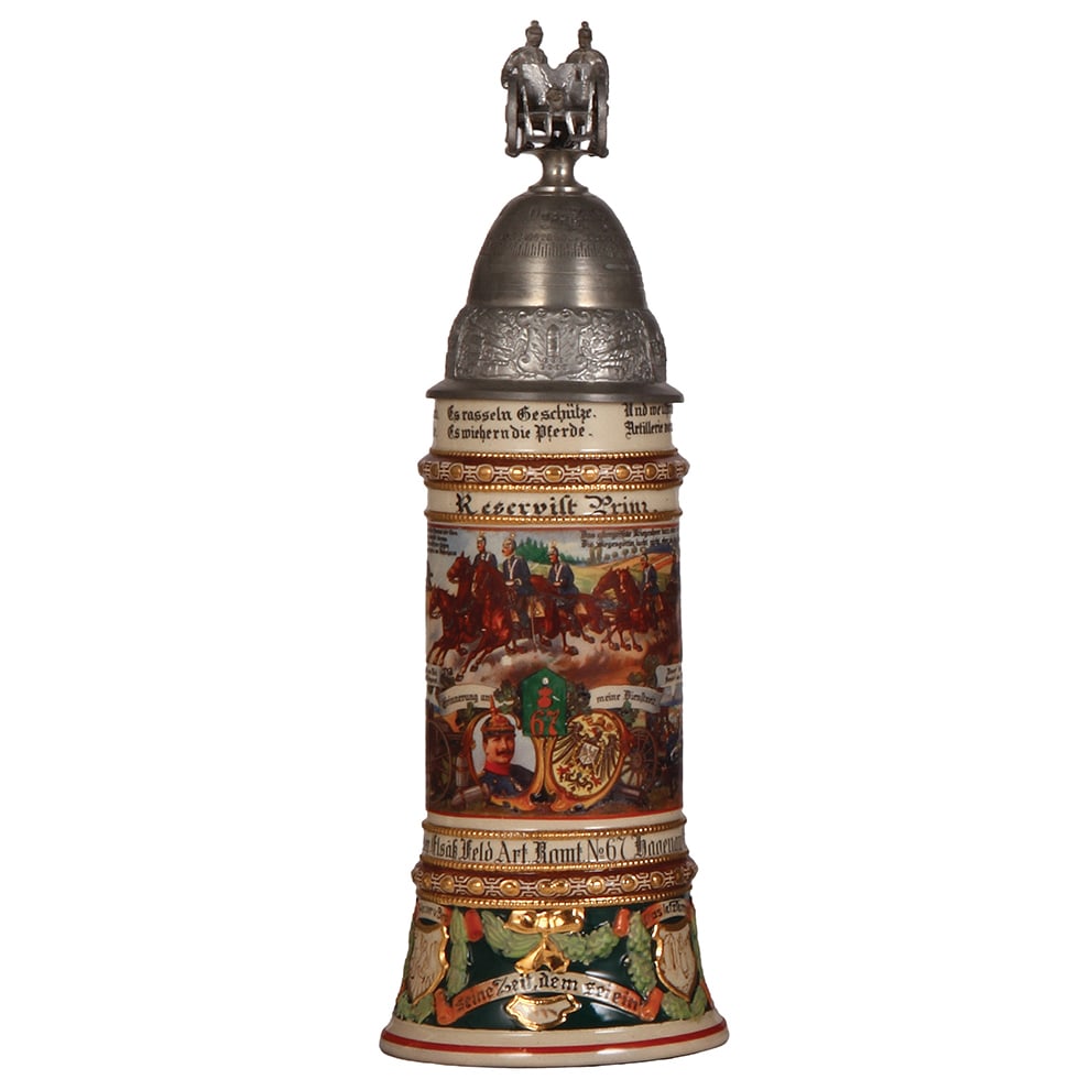 Regimental stein, .5L, Feld. Art. Regt. No. 67, Hagenau.: Regimental stein, .5L, 13.5" ht., pottery, 2. Battr., Feld. Art. Regt. No. 67, Hagenau, Els., 1912 - 1914, four side scenes, roster, horse & rider thumblift, named to: Reservist Prinz, mint.
