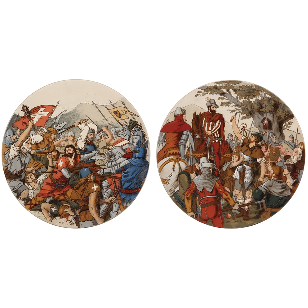 Mettlach plaques, pair, 14.5" d., 1769 & 1770, etched.: Mettlach plaques, pair, 14.5" d., 1769 & 1770, etched, Arnold von Winkelried, Wilhelm Tell, mint.