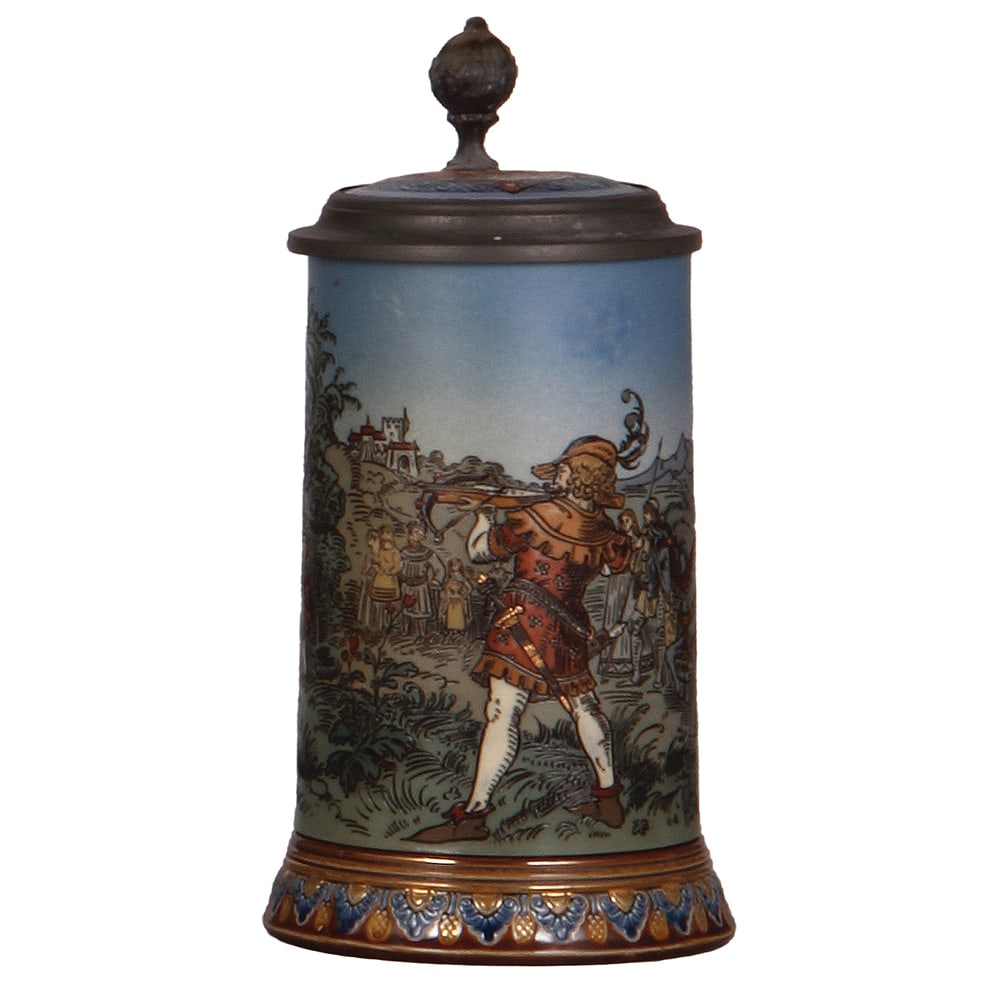 Mettlach stein, .5L, 2082, etched.: Mettlach stein, .5L, 2082, etched, Wilhelm Tell shooting apple from son's head, inlaid lid, mint.