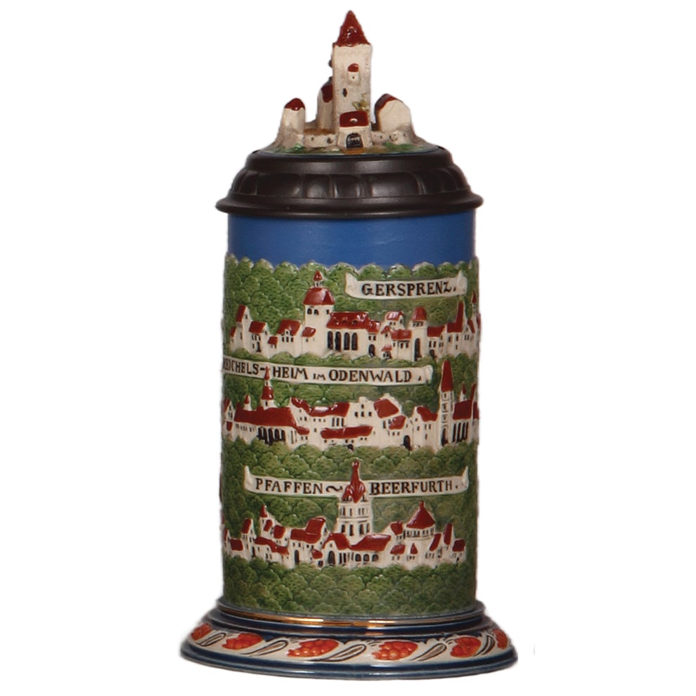 Mettlach stein, .5L, 2829, decorated relief.: Mettlach stein, .5L, 2829, decorated relief, Rodenstein, inlaid lid, inscription under lid: C.C.S. "Eye Bar Club" 1911, mint.