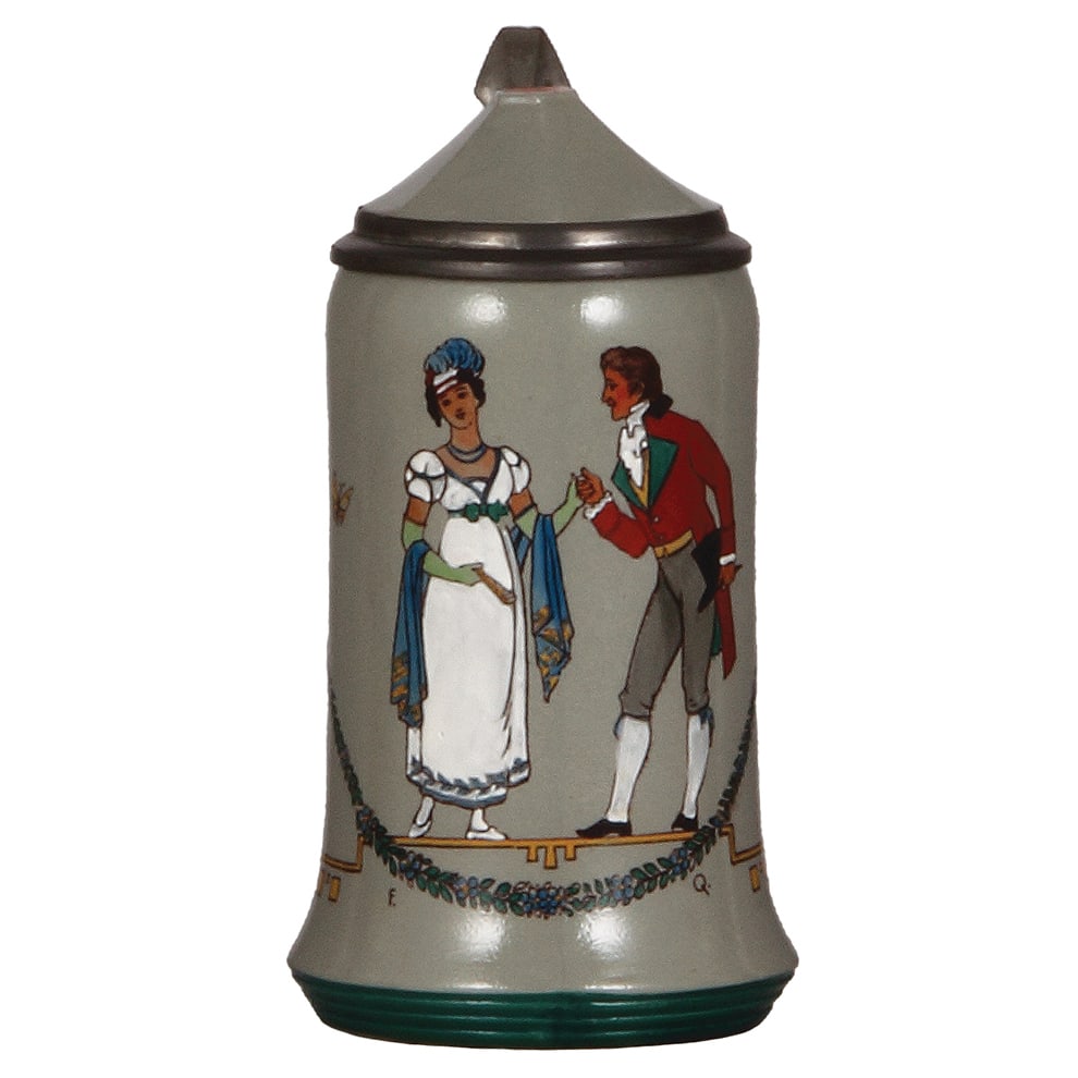 Mettlach stein, .5L, 439[3080], Bavaria.: Mettlach stein, .5L, 439[3080], Bavaria, by F. Quidenus, couple dancing, inlaid lid, mint.