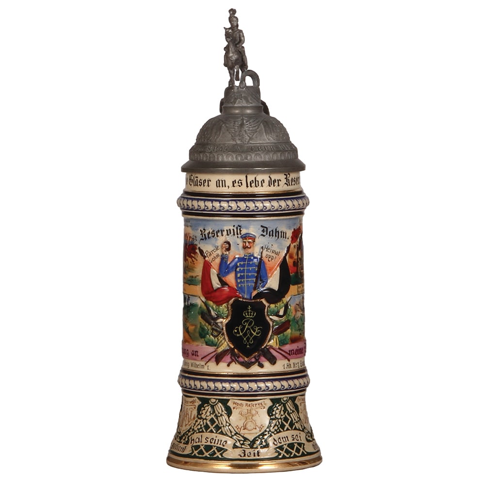 Regimental stein,.5L, Husar Regt., No. 7, Bonn.: Regimental stein,.5L, 12.2" ht., pottery, 5. Esk., Husar Regt., No. 7, Bonn, 1908 - 1911, four side scenes, roster, eagle thumblift, named to: Reservist Dahm, excellent pewter strap repair, otherwise 