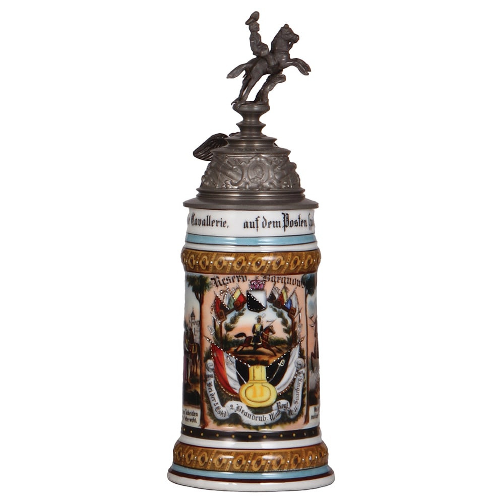 Regimental stein, .5L, Ulanen Regt. No. 11, Saarburg.: Regimental stein, .5L, 12.0" ht., porcelain, 5. Eskd., Ulanen Regt. No. 11, Saarburg, 1898 - 1901, two side scenes, roster, eagle thumblift, named to: Reserv. Baranowysky, mint.
