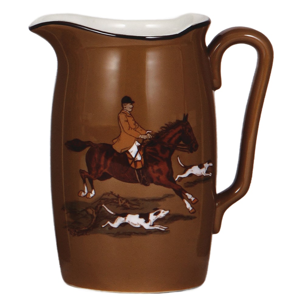 Villeroy & Boch Dresden pitcher, Fox Hunt.: Villeroy & Boch Dresden pitcher, 7.8" ht., PUG & hand-painted, Fox Hunt, man on horseback with dogs, mint.