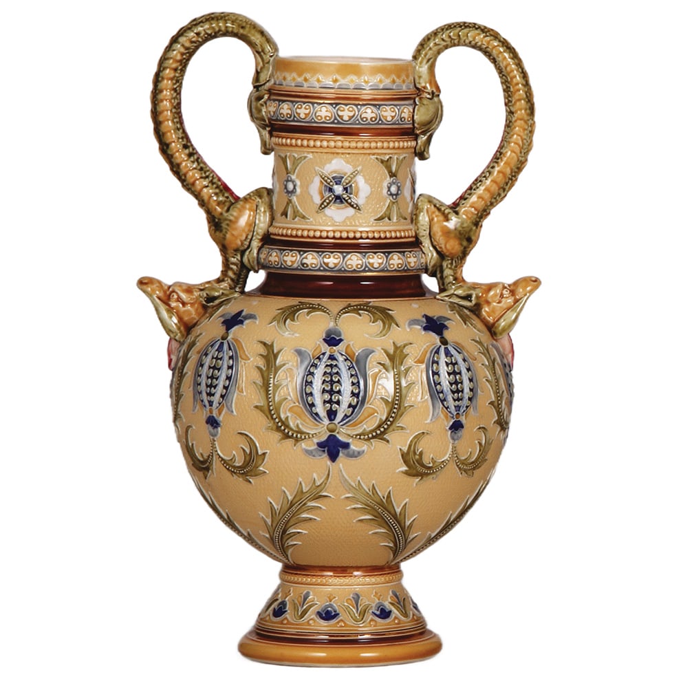 Mettlach vase, 11.6" ht., 1409, mosaic.: Mettlach vase, 11.6" ht., 1409, mosaic, two dragon handles, mint.