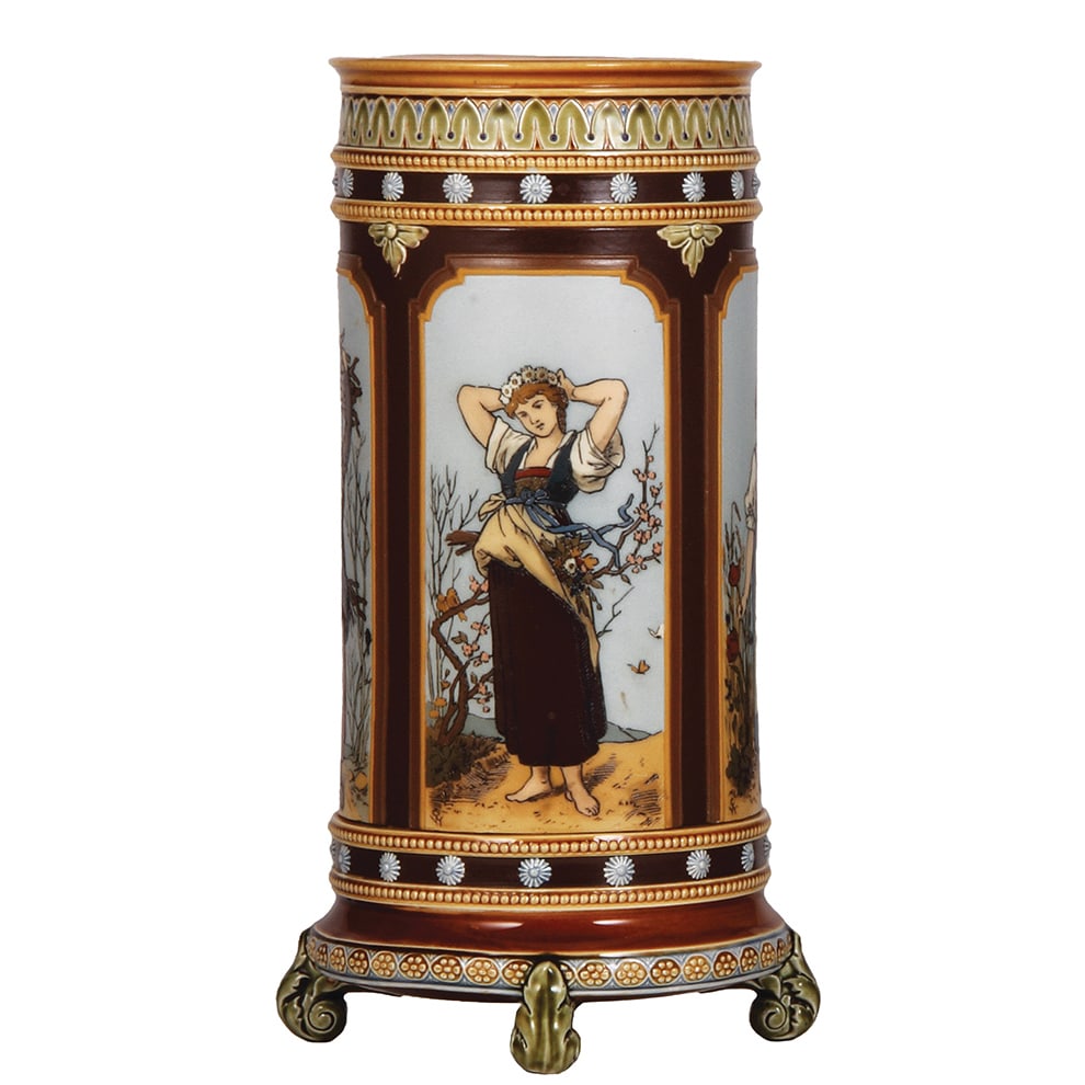 Mettlach vase, 13.4" ht., 1462, etched.: Mettlach vase, 13.4" ht., 1462, etched, by C. Warth, four ladies, mint.