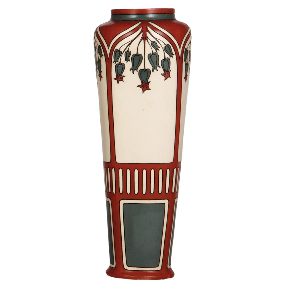 Mettlach vase, 14.2" ht., 2979, etched.: Mettlach vase, 14.2" ht., 2979, etched, Art Nouveau, mint.