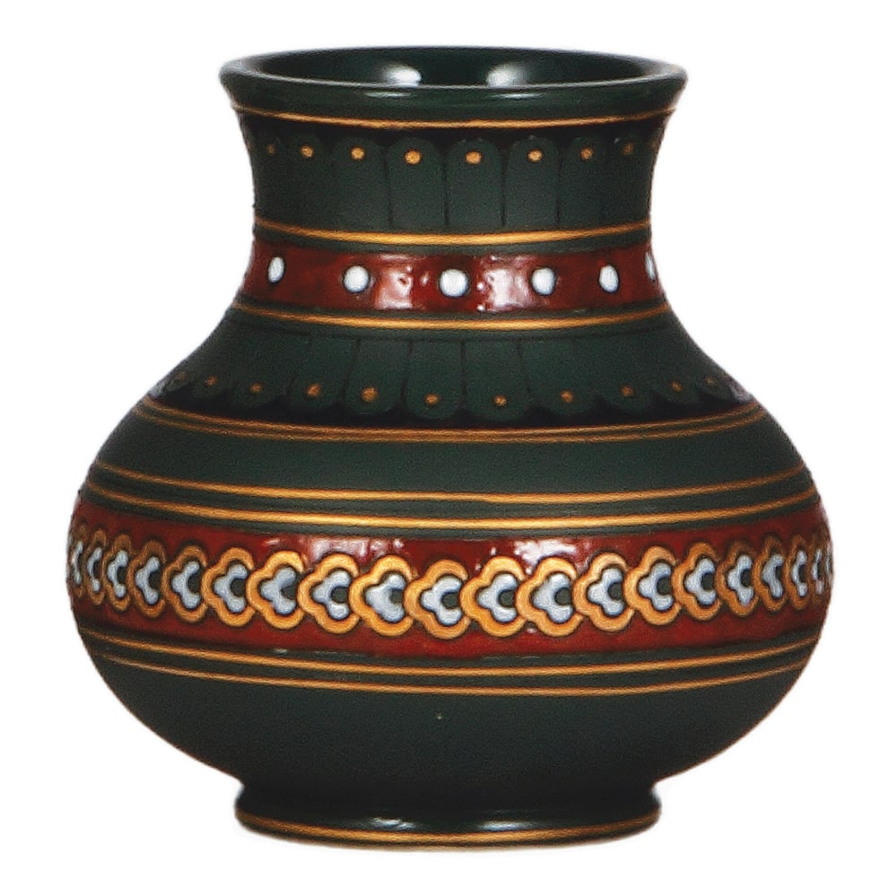 Mettlach vase, 4.4" ht., 1672, mosaic.: Mettlach vase, 4.4" ht., 1672, mosaic, mint.