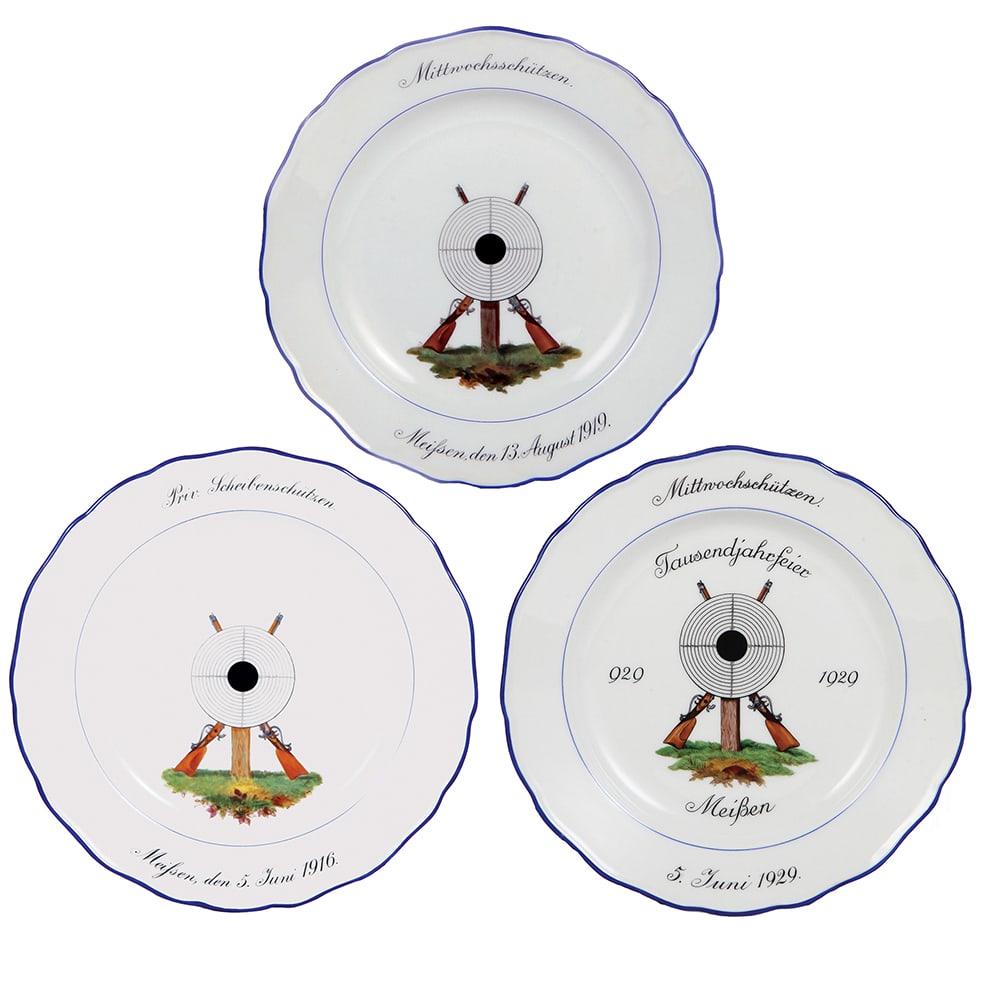 Meissen plates, three, 10.0" d., shooting festivals. (1 of 4)