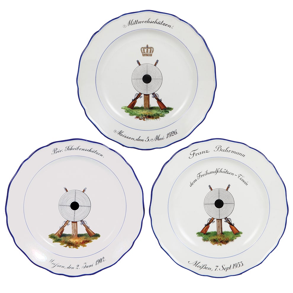 Meissen plates, three, 10.0" d., shooting festivals. (1 of 4)