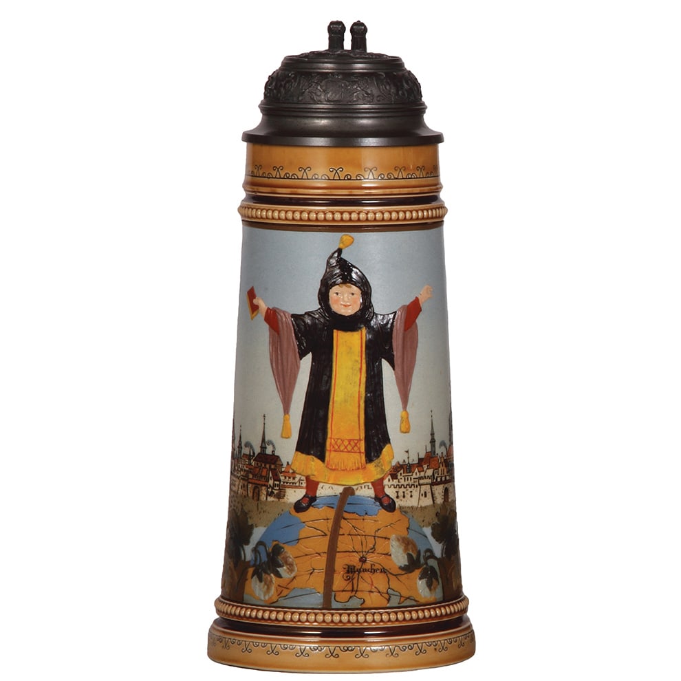 Mettlach stein, 1.0L, 2585: Mettlach stein, 1.0L, 2585, etched & decorated relief, Münchener Kindl, original relief pewter lid, mint.