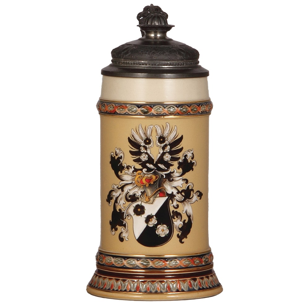 Mettlach stein, .5L, 1932, hand-painted: Mettlach stein, .5L, 1932, hand-painted, decorated by: Gebr. Goederke Hannover, coat-of-arms, original pewter lid, rare, mint.