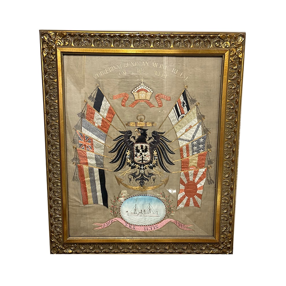 Reservist silk, 19.3" x 23.5", S.M.S. Iltis 1912 - 1913.: Reservist silk, 19.3" x 23.5", frame 25.0" x 29.5", hand-stitched silk, Zur Erinnerung an meine reise um die welt (Remembering my trip around the world), S.M.S. Iltis 1912 - 1913, professional framing