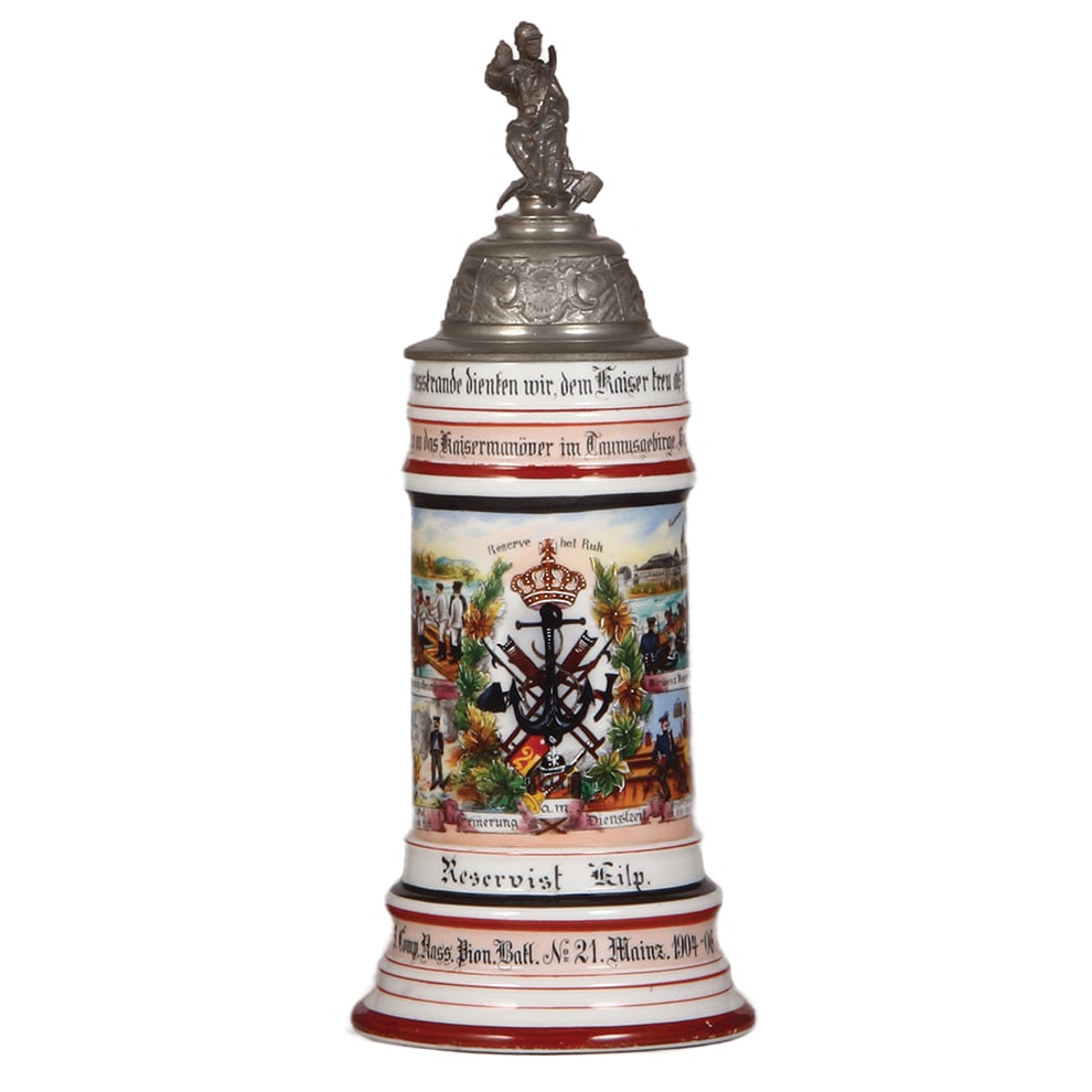 Regimental stein, .5L, Pion. Batl, Nr. 21, Mainz.: Regimental stein, .5L, 12.2" ht., porcelain, 3. Comp., Pion. Batl, Nr. 21, Mainz, 1904 - 1906, Kaisermanöver im Taunusgebirge, Sept. 1905, four side scenes, roster, anchor thumblift, named to: Re