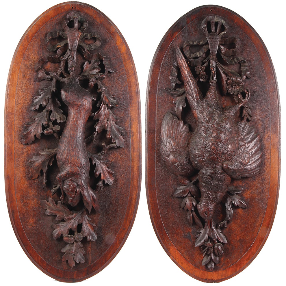 Black Forest wood hunters trophies, each 28.0" x 14.0.: Black Forest wood hunters trophies, each 28.0" x 14.0", made in Switzerland, c.1900, Rabbit & Auerhahn, very good condition.
