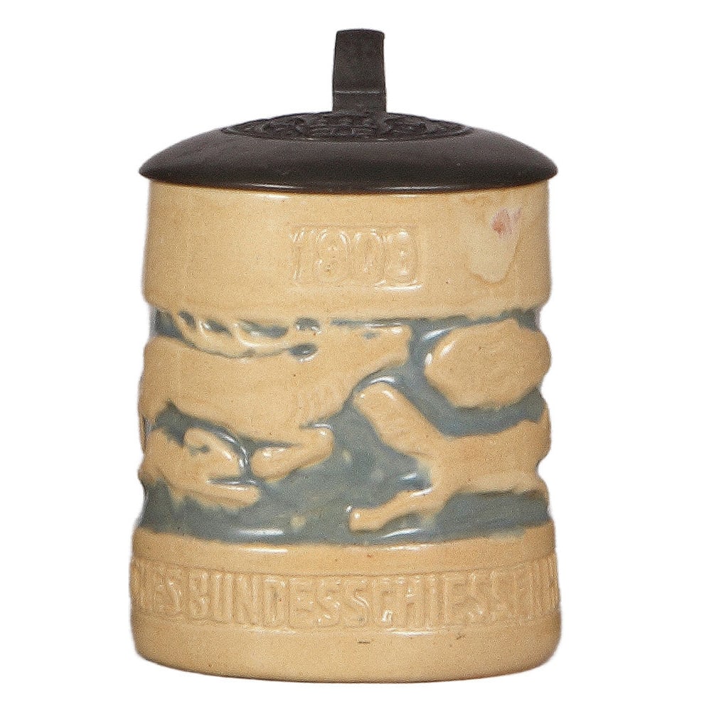 Pottery stein, .5L, 16. Deutsches Bundesschiesen, Hamburg.: Pottery stein, .5L, relief, 16. Deutsches Bundesschiesen, Hamburg, 1909, relief pewter lid, mint.