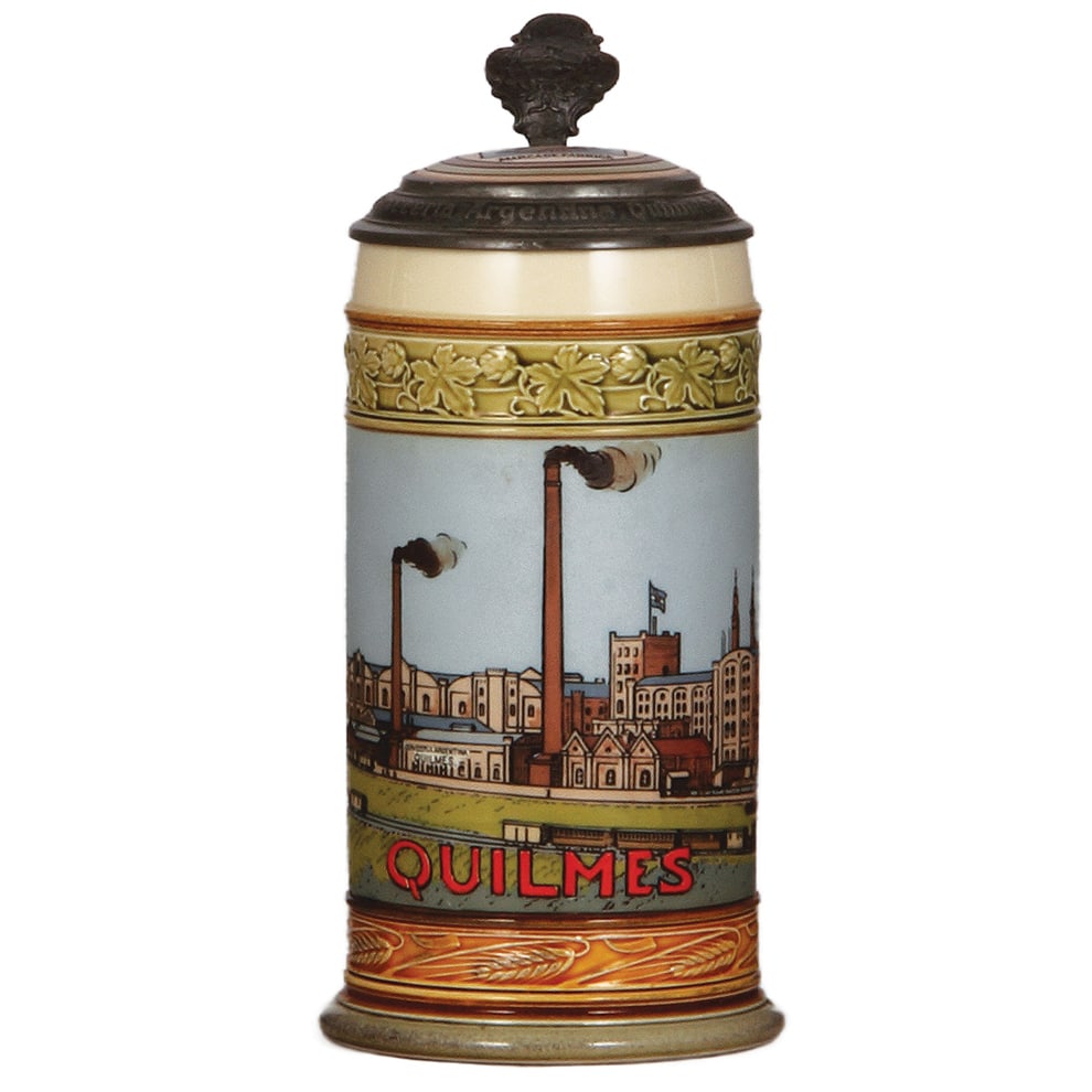 Mettlach stein, .5L, 2900, Quilmes Brewery.: Mettlach stein, .5L, 2900, etched, 1904 version, Quilmes Brewery, inlaid lid, mint.