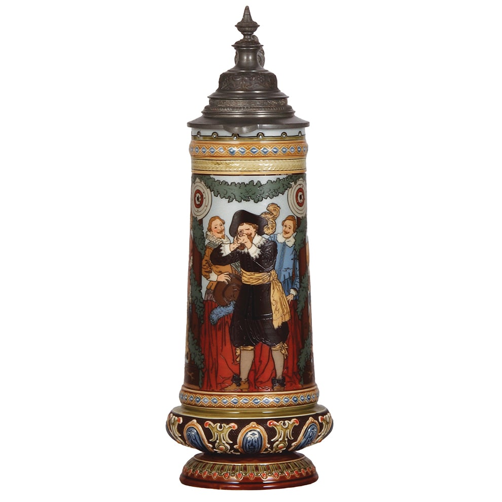 Mettlach stein, 1.4L, 14.9" ht., 2482, etched.: Mettlach stein, 1.4L, 14.9" ht., 2482, etched, by F. Quidenus, schützen, pewter lid is good old replacement, otherwise mint.